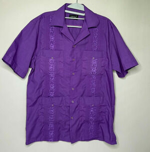 OMEGA Italy Mens Small Purple Guayabera Shirt Embroidered Camp 4 Pocket